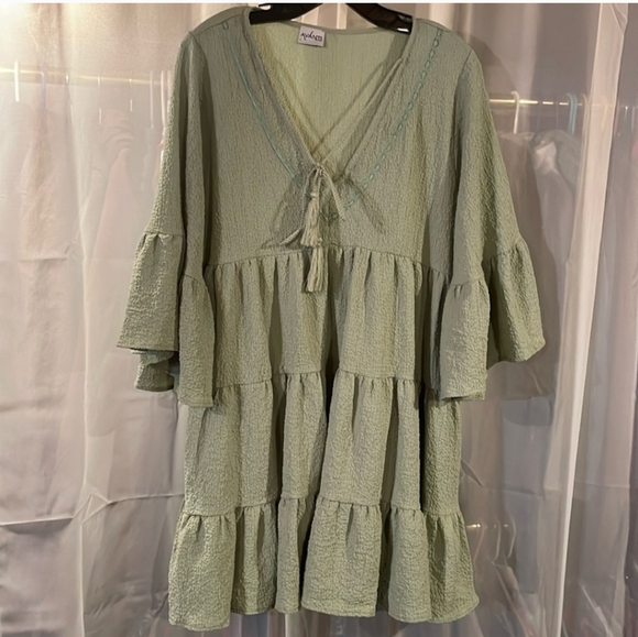 Avanti The Label Cotton Boho Tiered Wide Sleeves Flowy Mini Dress NWOT - Picture 1 of 7